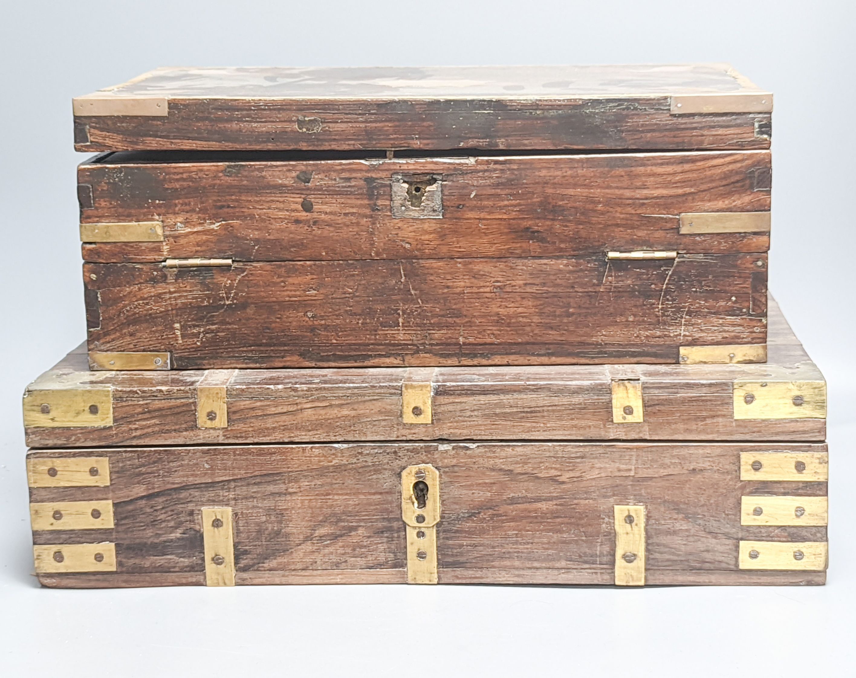 Two Anglo Indian brass and rosewood Anglo writing boxes, largest 43 cm